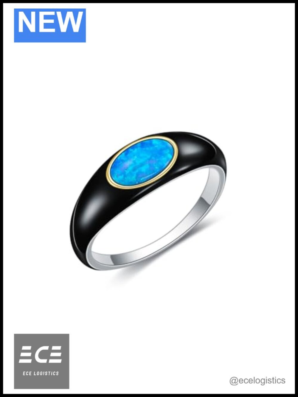 925 Sterling Silver Black Gold & Yellow Gold Plated Blue Opal Ring Engagement